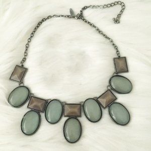 Moss Green & Tan Bib Necklace Signed NY Glass Stones 18-21" Perfect Cond